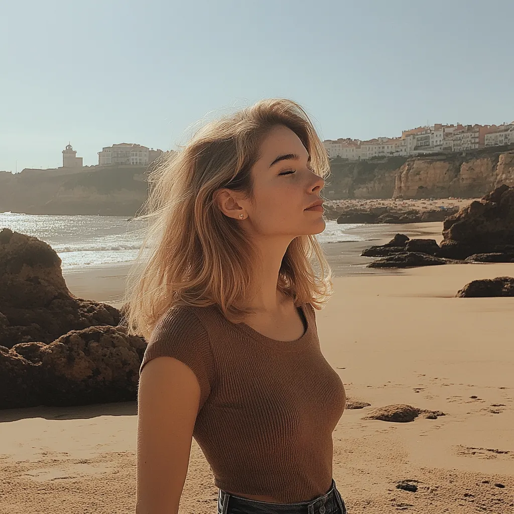 Ragazza bionda prosperosa in spiaggia